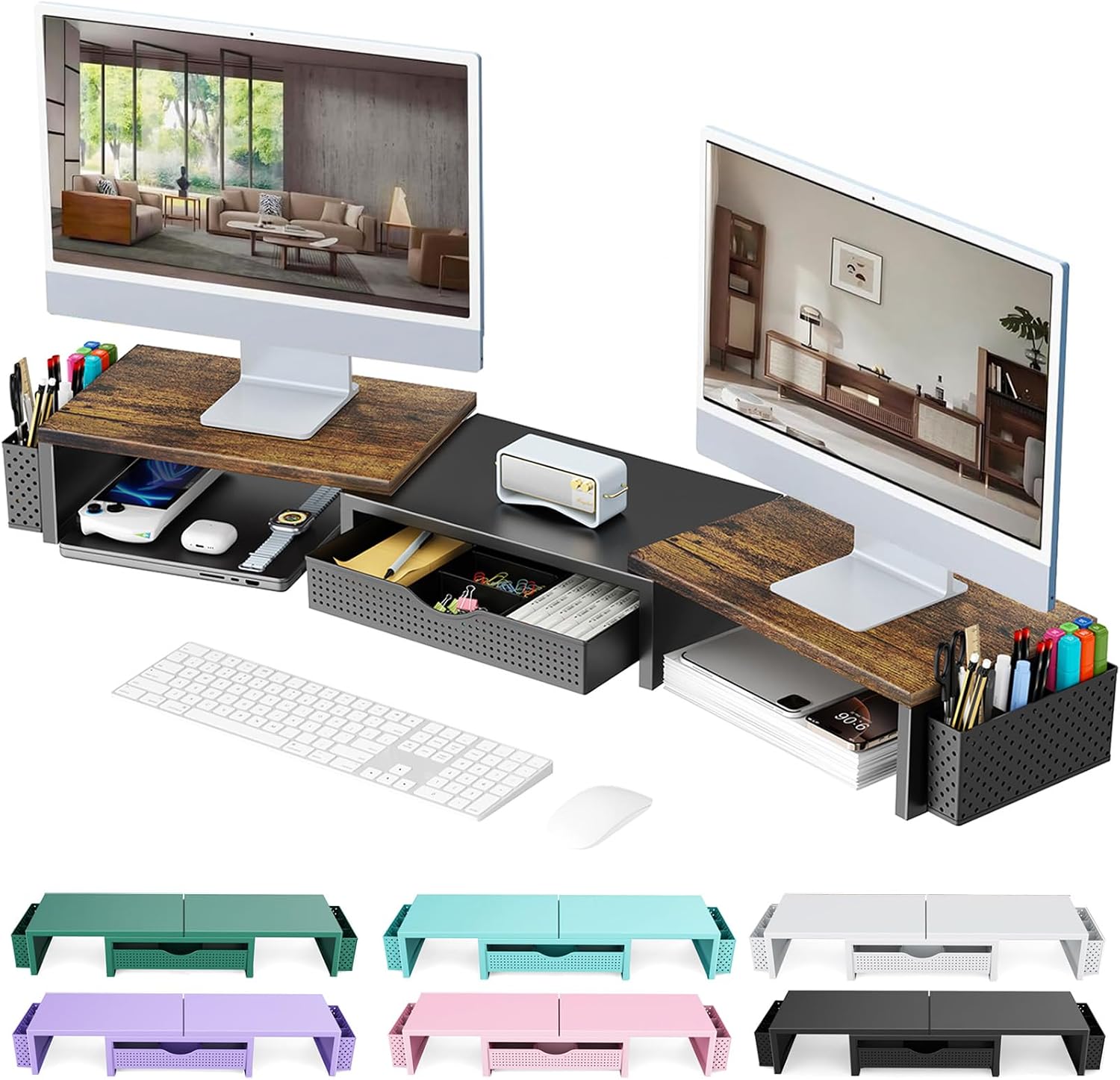 gianotter Dual Monitor Stand Riser With Drawer and 2 Pen Holders | Computer Monitor Stand Desk Organizer and Accessories Desk Shelf for Top of Desk (Pink) - Image 12