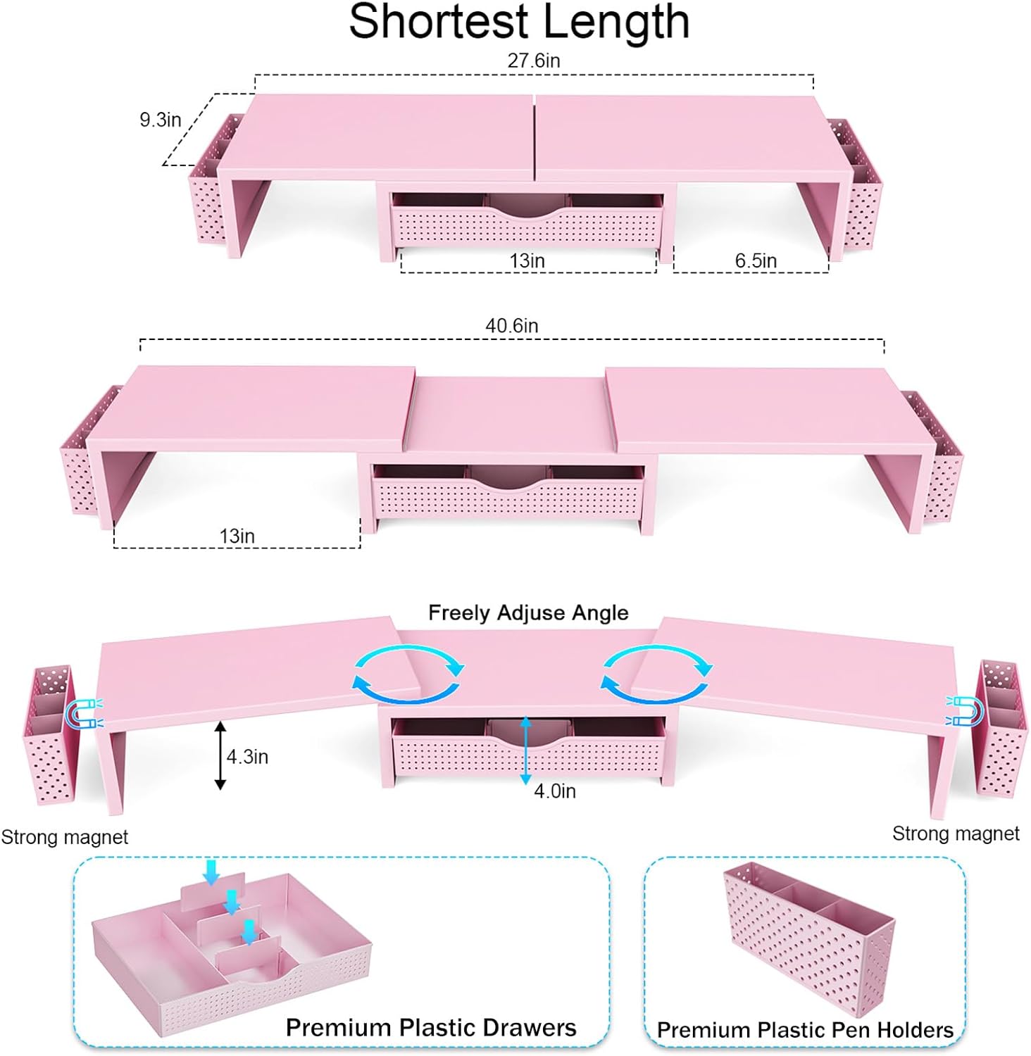 gianotter Dual Monitor Stand Riser With Drawer and 2 Pen Holders | Computer Monitor Stand Desk Organizer and Accessories Desk Shelf for Top of Desk (Pink) - Image 3