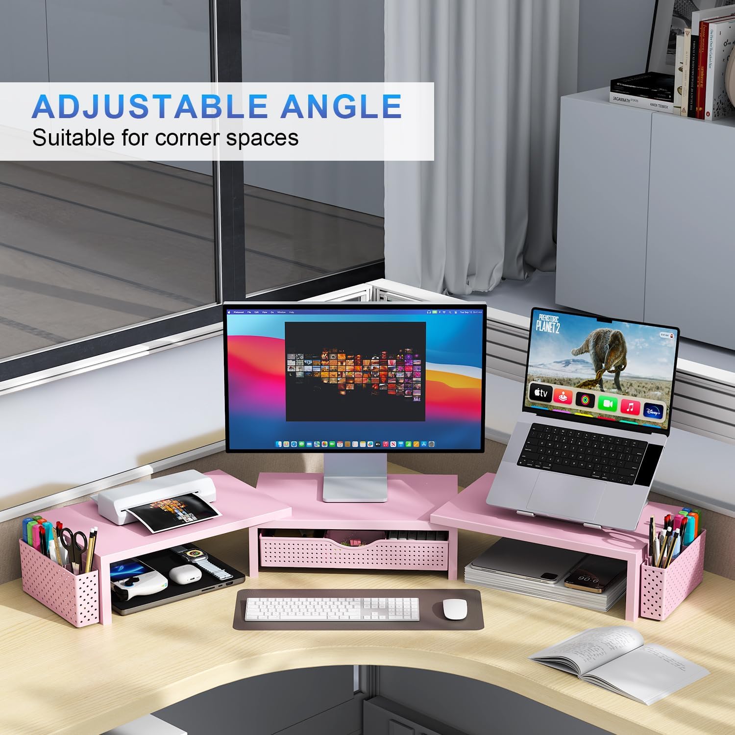 gianotter Dual Monitor Stand Riser With Drawer and 2 Pen Holders | Computer Monitor Stand Desk Organizer and Accessories Desk Shelf for Top of Desk (Pink) - Image 4