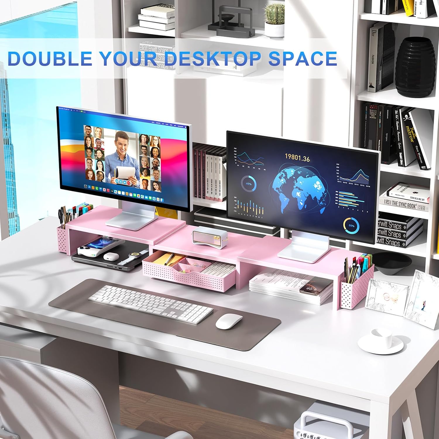 gianotter Dual Monitor Stand Riser With Drawer and 2 Pen Holders | Computer Monitor Stand Desk Organizer and Accessories Desk Shelf for Top of Desk (Pink) - Image 5