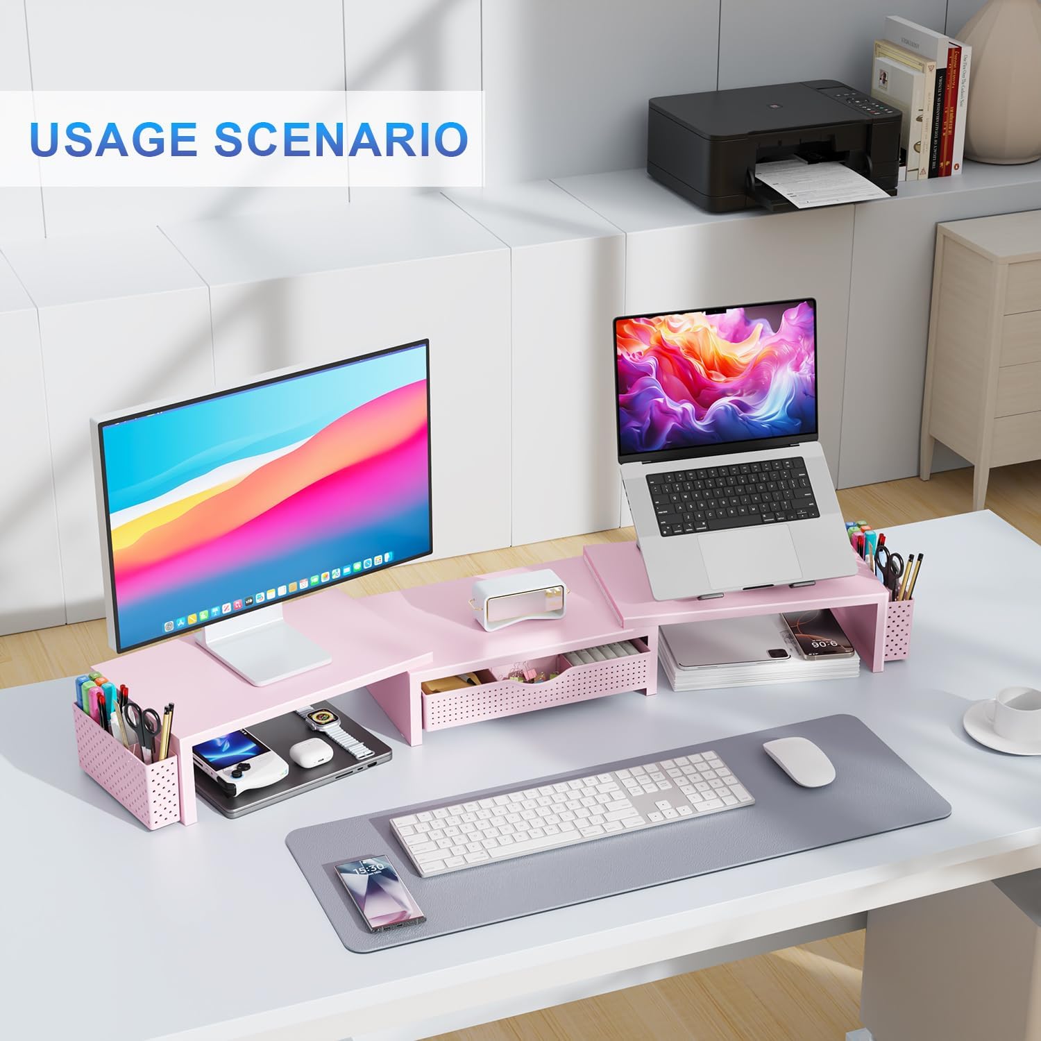 gianotter Dual Monitor Stand Riser With Drawer and 2 Pen Holders | Computer Monitor Stand Desk Organizer and Accessories Desk Shelf for Top of Desk (Pink) - Image 6