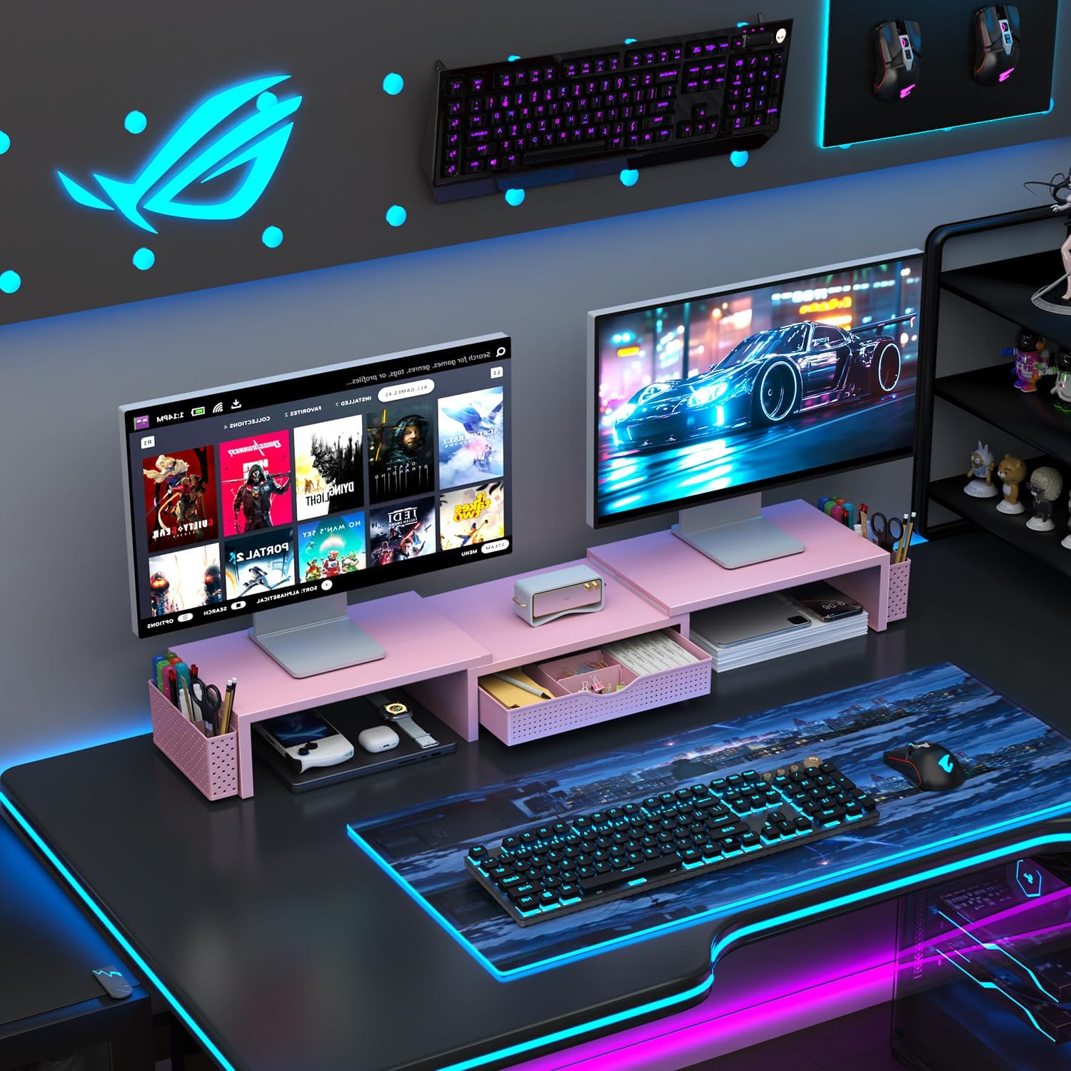 gianotter Dual Monitor Stand Riser With Drawer and 2 Pen Holders | Computer Monitor Stand Desk Organizer and Accessories Desk Shelf for Top of Desk (Pink) - Image 7
