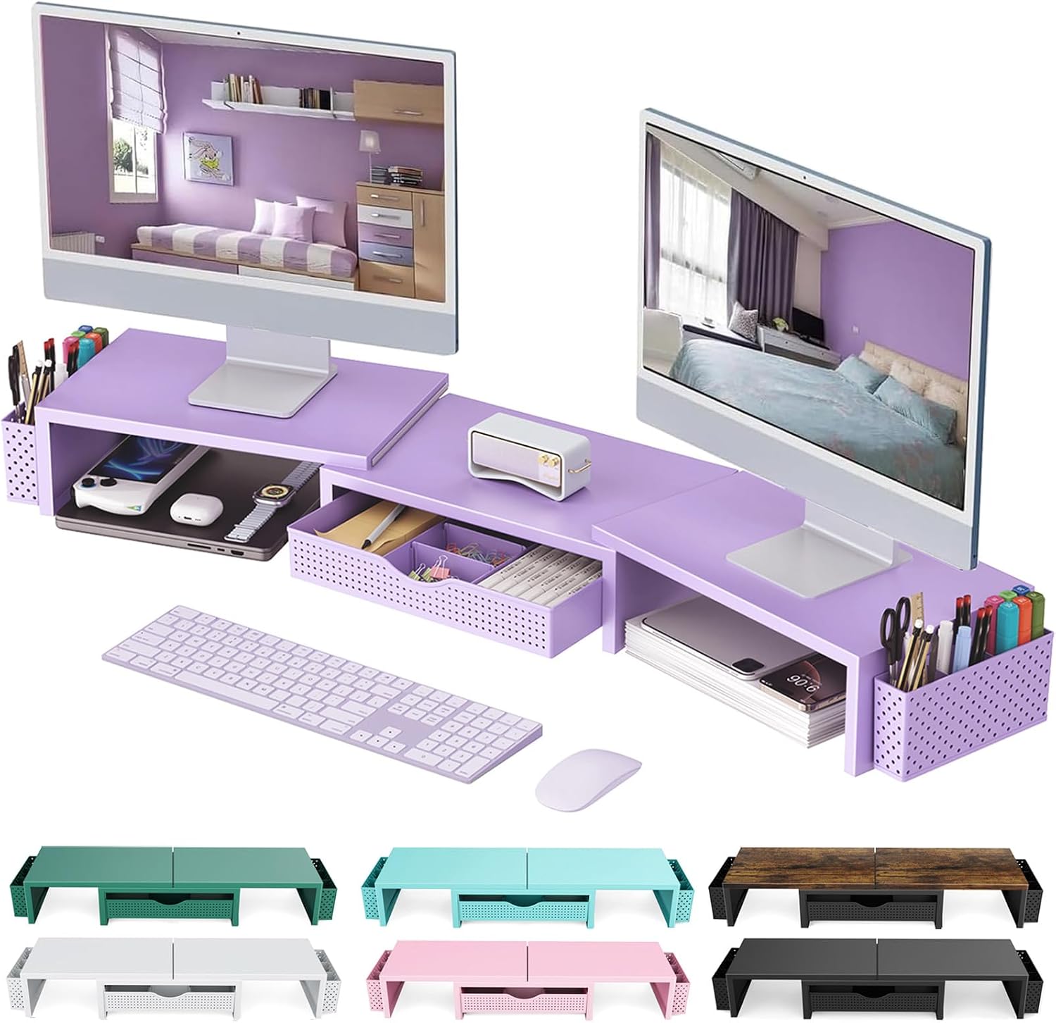 gianotter Dual Monitor Stand Riser With Drawer and 2 Pen Holders | Computer Monitor Stand Desk Organizer and Accessories Desk Shelf for Top of Desk (Pink) - Image 14