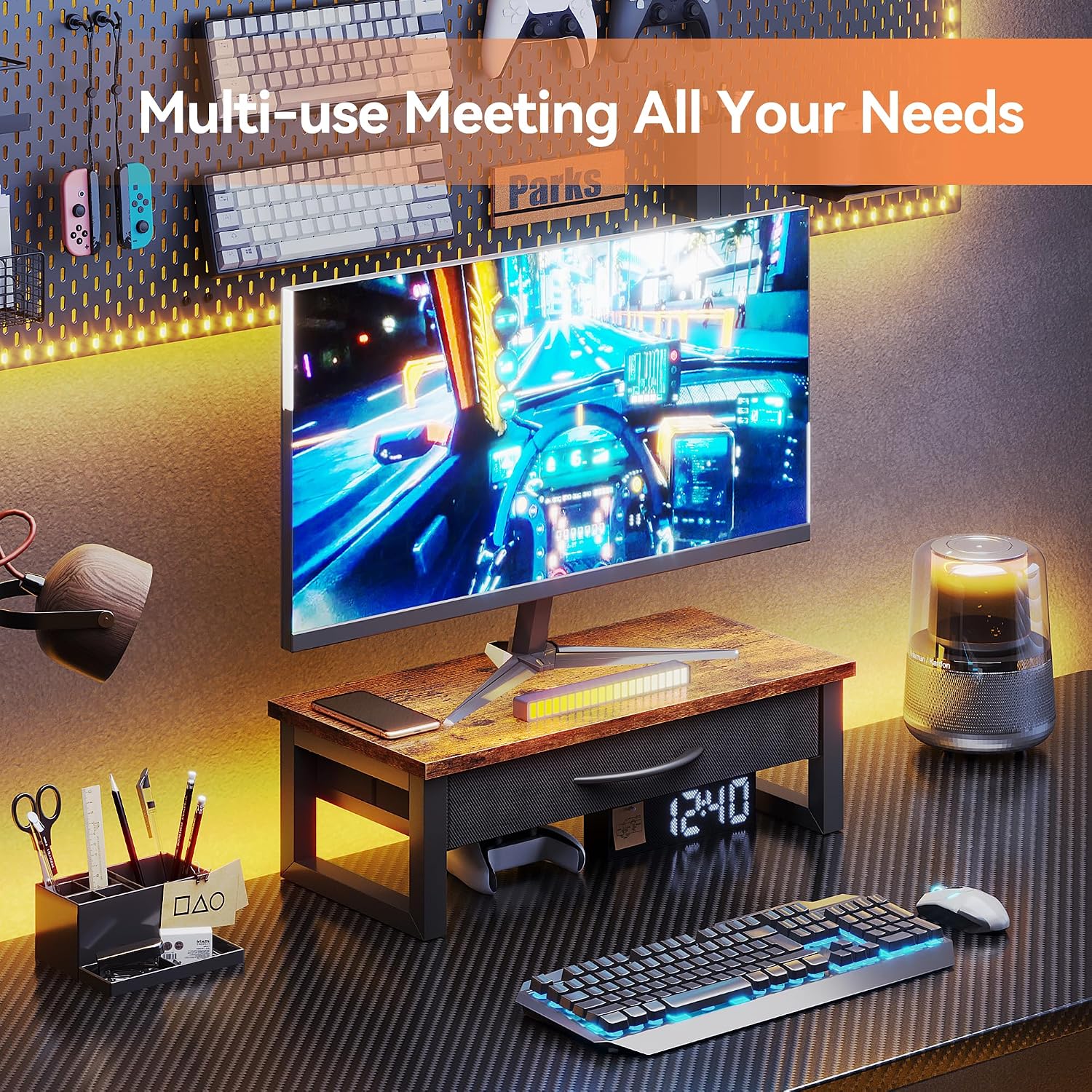 HEWORLIF Computer Monitor Stand Riser with Drawer, 2-Tier Desk Accessories & Workspace Organizers, Laptop Stand for Desk with Storage, Office Organization, Wood - Image 8