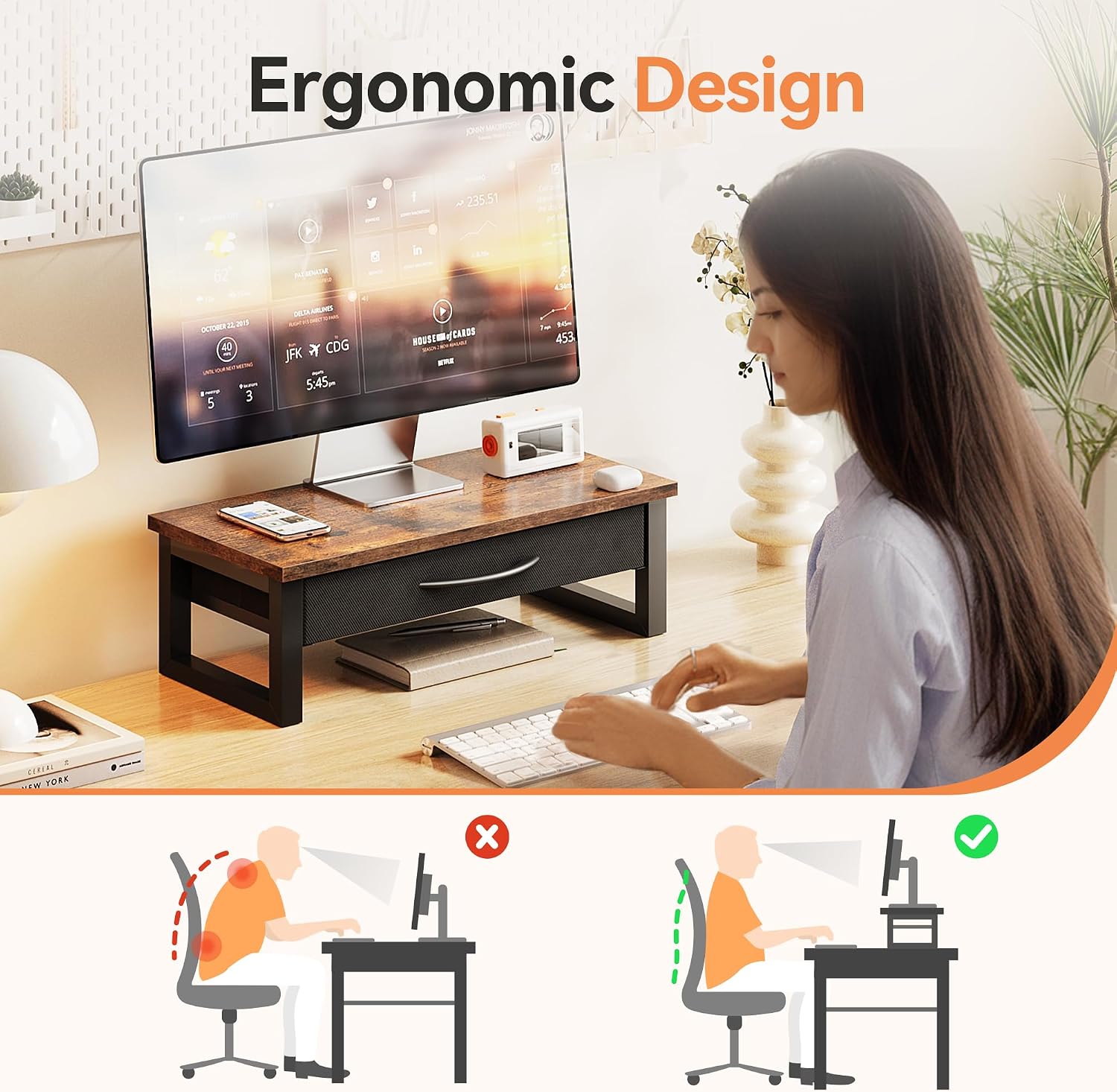 HEWORLIF Computer Monitor Stand Riser with Drawer, 2-Tier Desk Accessories & Workspace Organizers, Laptop Stand for Desk with Storage, Office Organization, Wood - Image 3