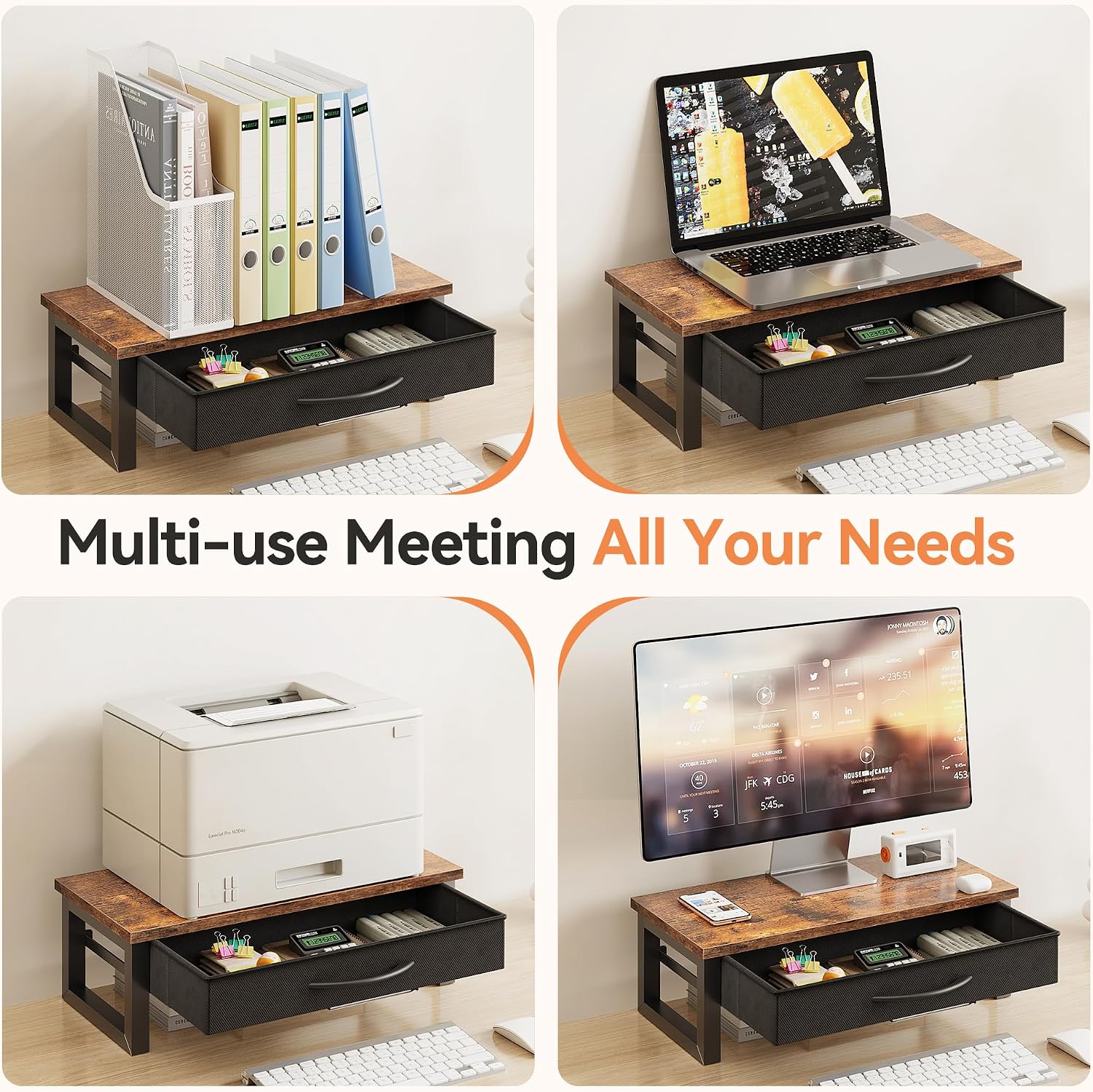 HEWORLIF Computer Monitor Stand Riser with Drawer, 2-Tier Desk Accessories & Workspace Organizers, Laptop Stand for Desk with Storage, Office Organization, Wood - Image 7