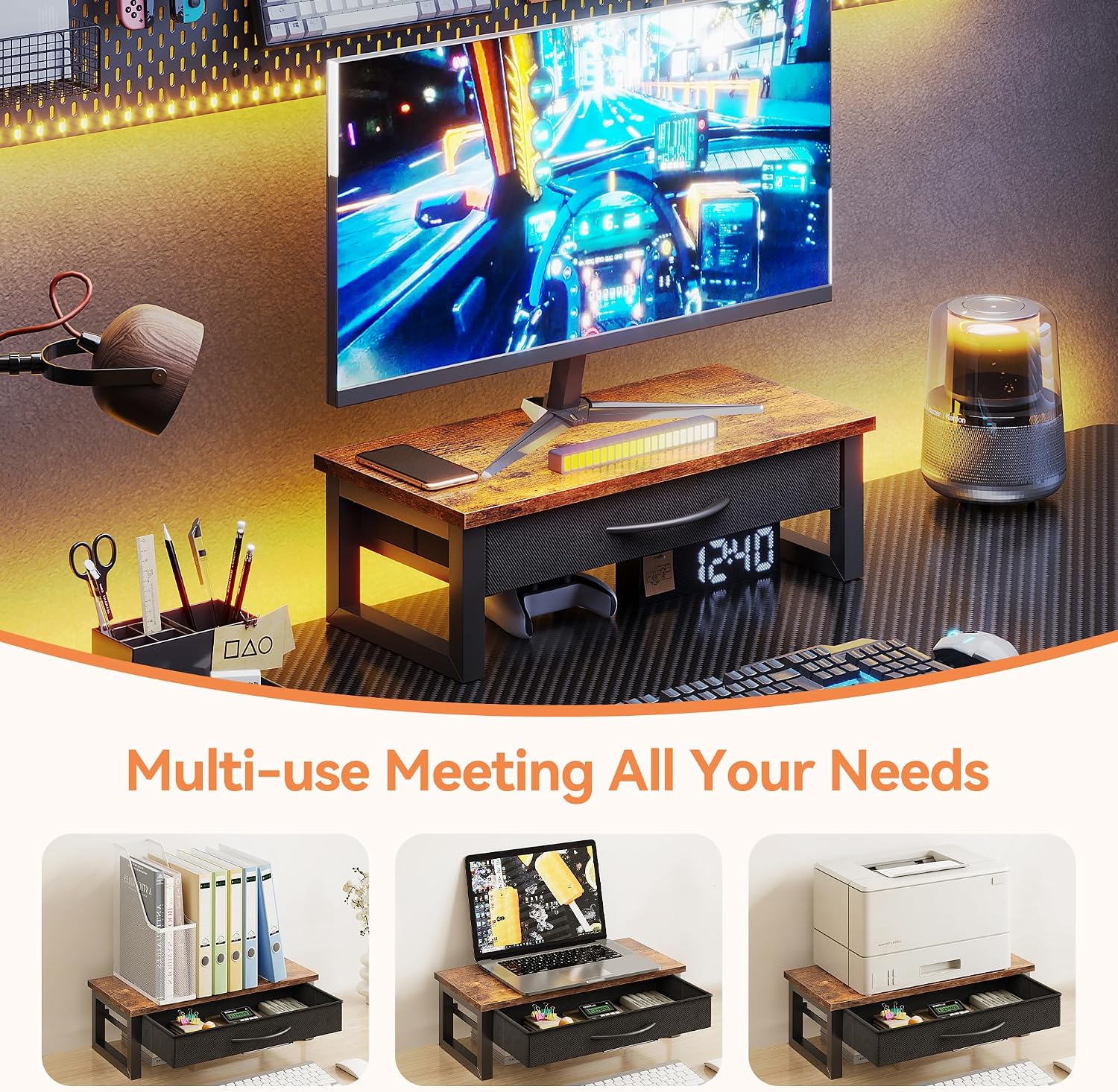 HEWORLIF Computer Monitor Stand Riser with Drawer, 2-Tier Desk Accessories & Workspace Organizers, Laptop Stand for Desk with Storage, Office Organization, Wood - Image 6