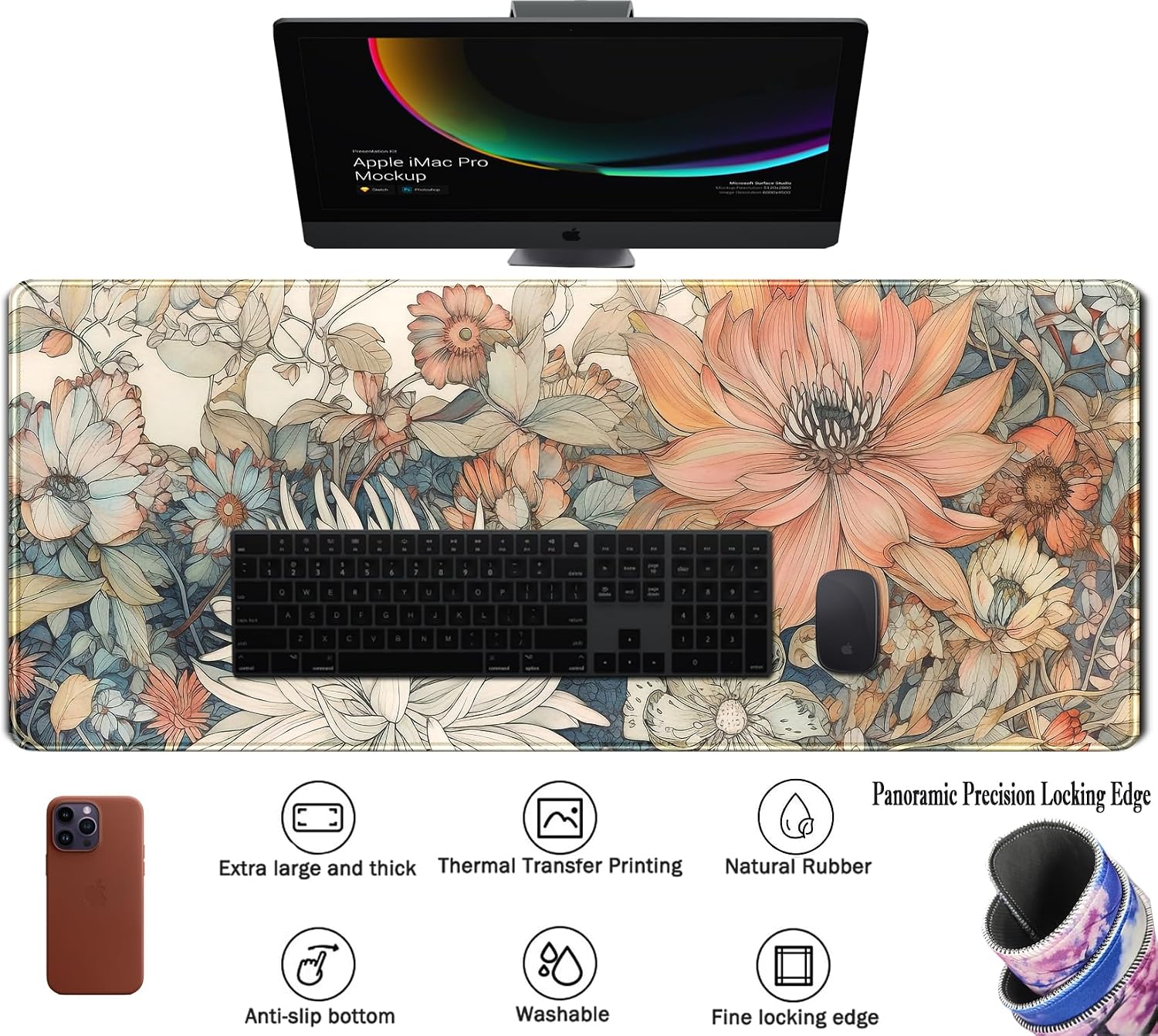 Japanese Minimalist Floral Desk Mat Aesthetic Flowers XL Large Extended Gaming Mouse Pad with Stitched Edges, Big Laptop Computer Keyboard and Mouse Mat for Girl Women Office Decor 31.5x11.8 in - Image 4