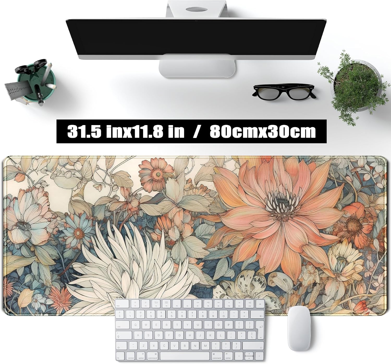 Japanese Minimalist Floral Desk Mat Aesthetic Flowers XL Large Extended Gaming Mouse Pad with Stitched Edges, Big Laptop Computer Keyboard and Mouse Mat for Girl Women Office Decor 31.5x11.8 in - Image 3