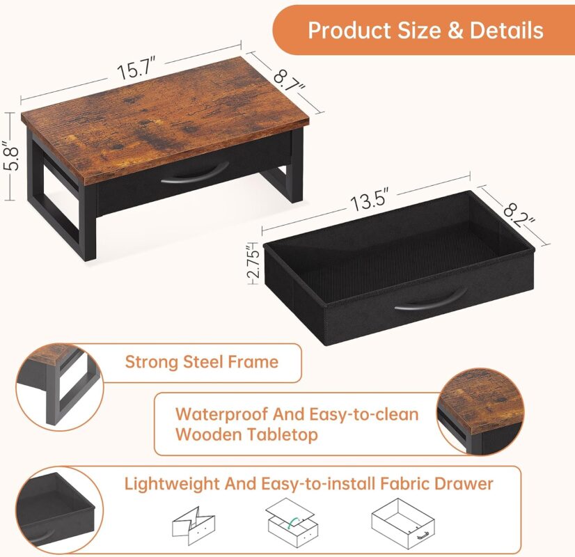 Wooden Monitor Riser with Storage Drawer and Laptop Shelf