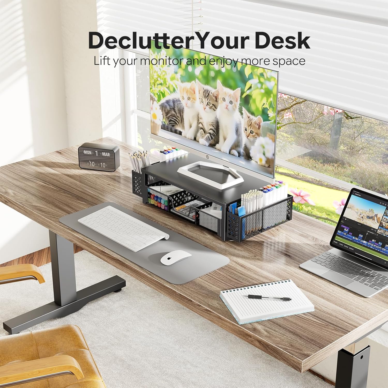 Simple Trending Desk Organizer, Computer Monitor Stand Riser, Black | Metal Laptop & Printer Stand, Desktop Organizer with Drawer & 2 Pen Holders, Anti-Slip Pads, 18.5"W x 9.5"D x 4.75"H - Image 9