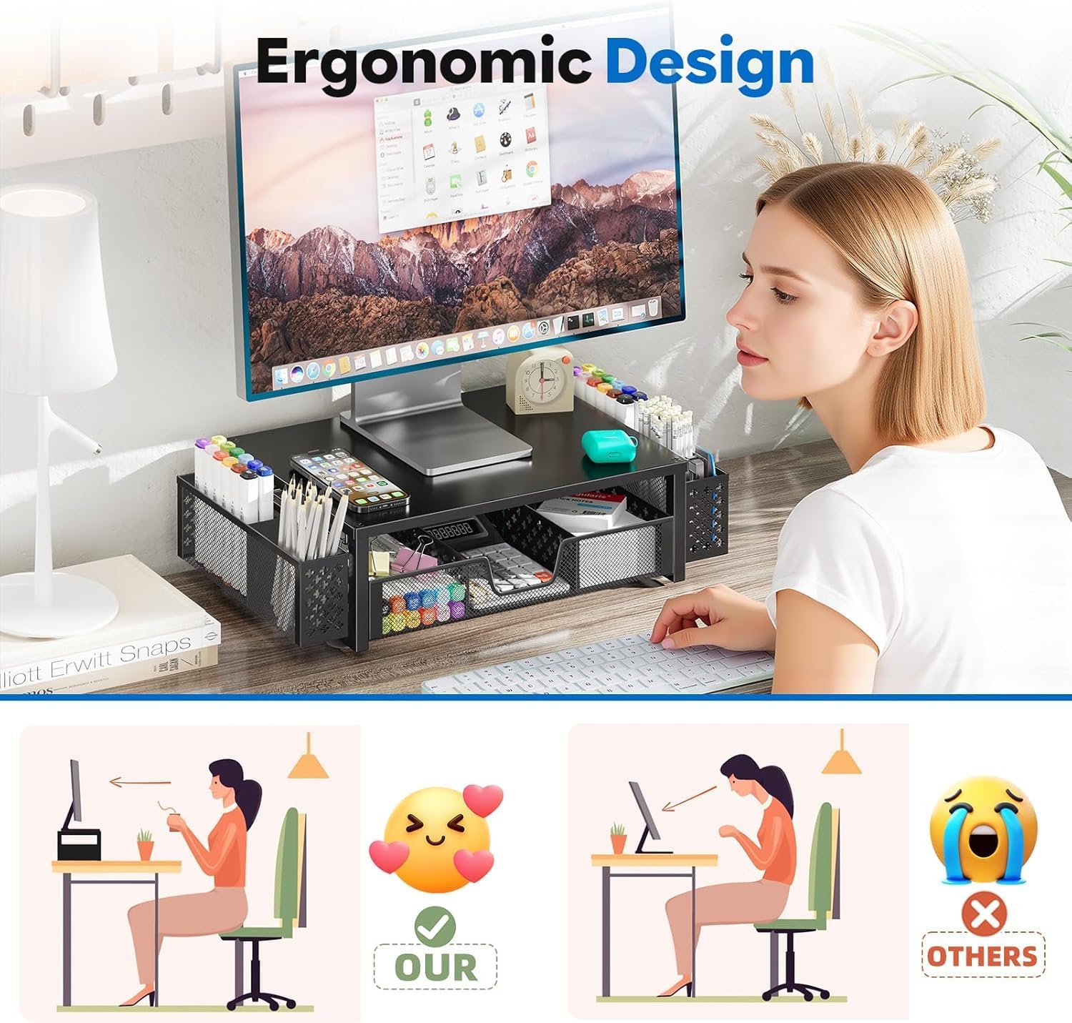 Simple Trending Desk Organizer, Computer Monitor Stand Riser, Black | Metal Laptop & Printer Stand, Desktop Organizer with Drawer & 2 Pen Holders, Anti-Slip Pads, 18.5"W x 9.5"D x 4.75"H - Image 4