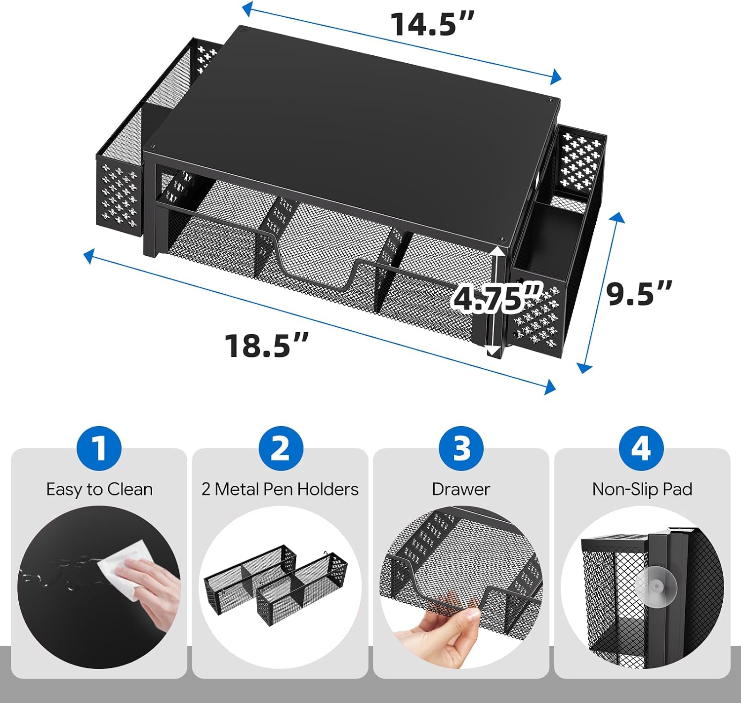 Simple Trending Desk Organizer, Computer Monitor Stand Riser, Black | Metal Laptop & Printer Stand, Desktop Organizer with Drawer & 2 Pen Holders, Anti-Slip Pads, 18.5"W x 9.5"D x 4.75"H - Image 3