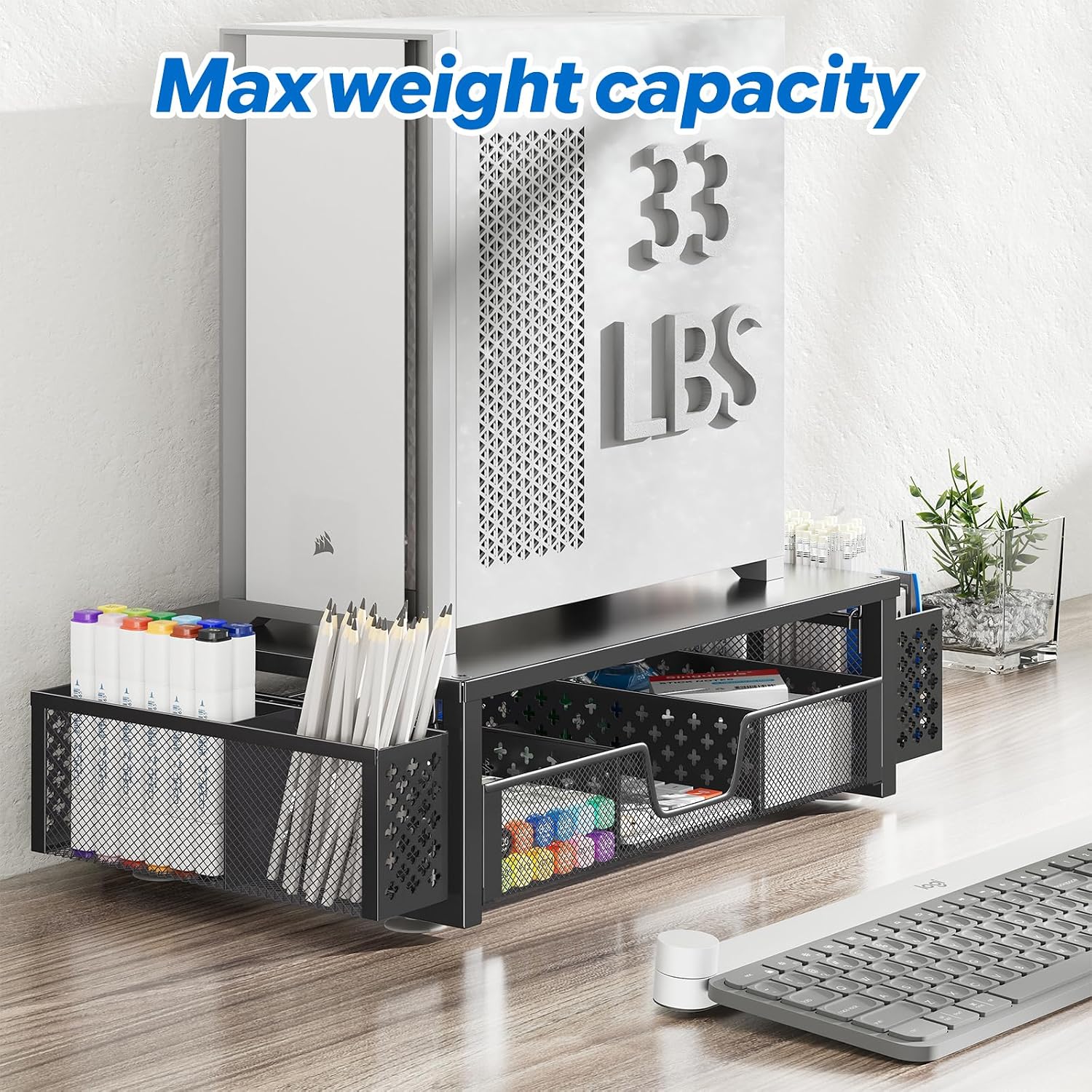 Simple Trending Desk Organizer, Computer Monitor Stand Riser, Black | Metal Laptop & Printer Stand, Desktop Organizer with Drawer & 2 Pen Holders, Anti-Slip Pads, 18.5"W x 9.5"D x 4.75"H - Image 5