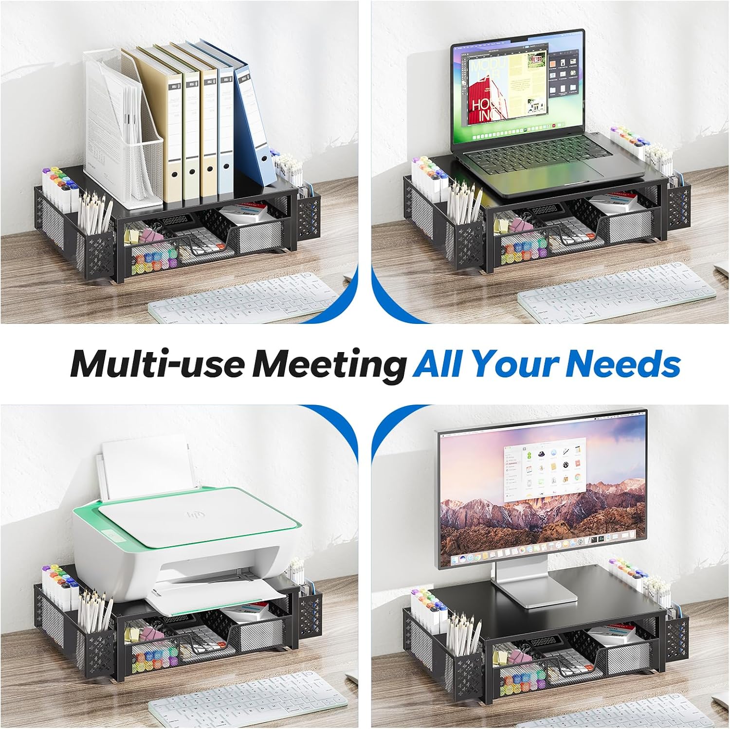 Simple Trending Desk Organizer, Computer Monitor Stand Riser, Black | Metal Laptop & Printer Stand, Desktop Organizer with Drawer & 2 Pen Holders, Anti-Slip Pads, 18.5"W x 9.5"D x 4.75"H - Image 7