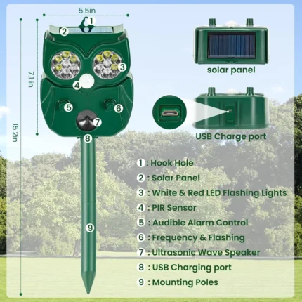 Solar Ultrasonic Animal Repellent Owl - Hình 2