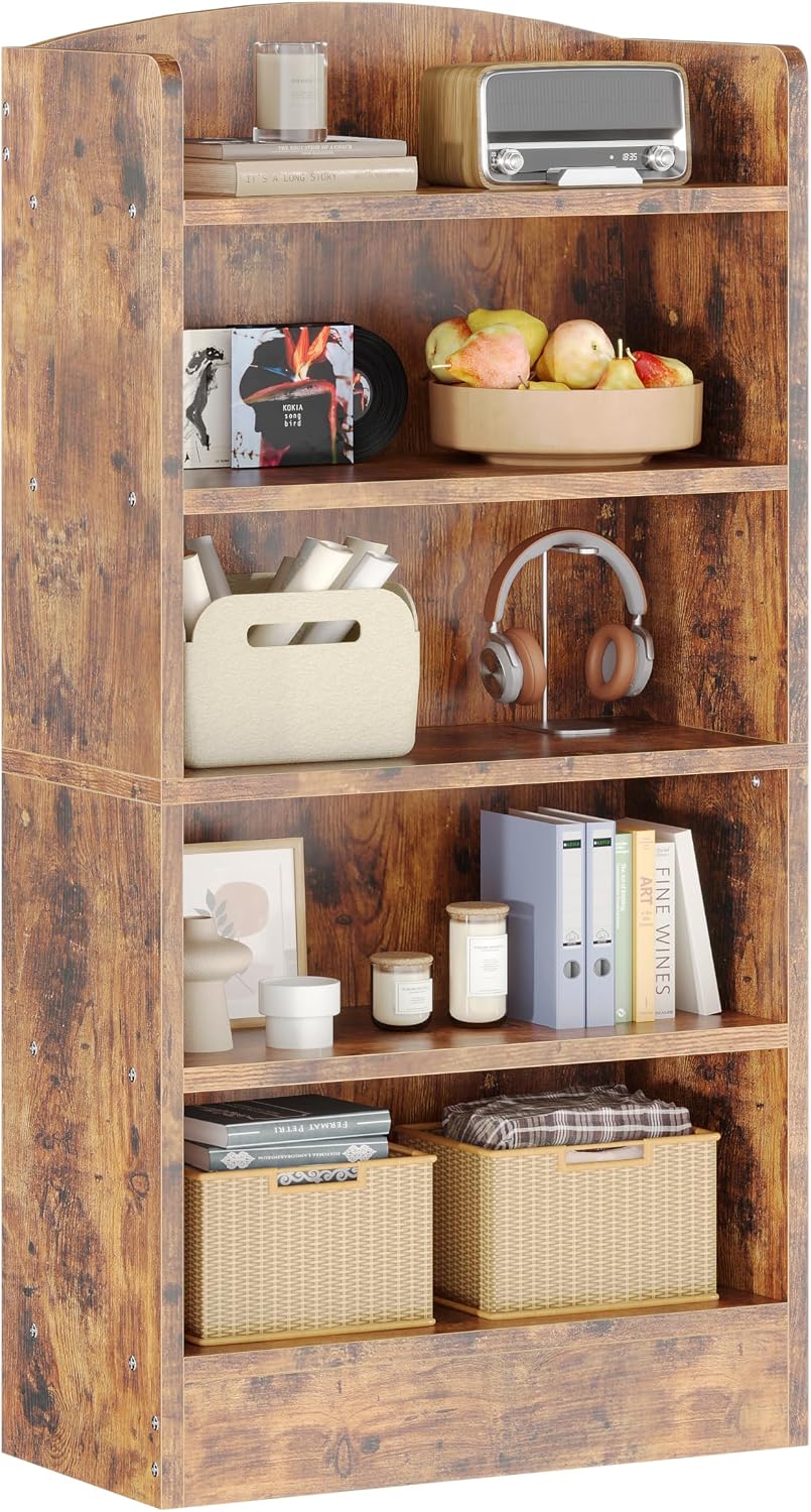 Rustic Brown 5-Tier Wood Bookshelf