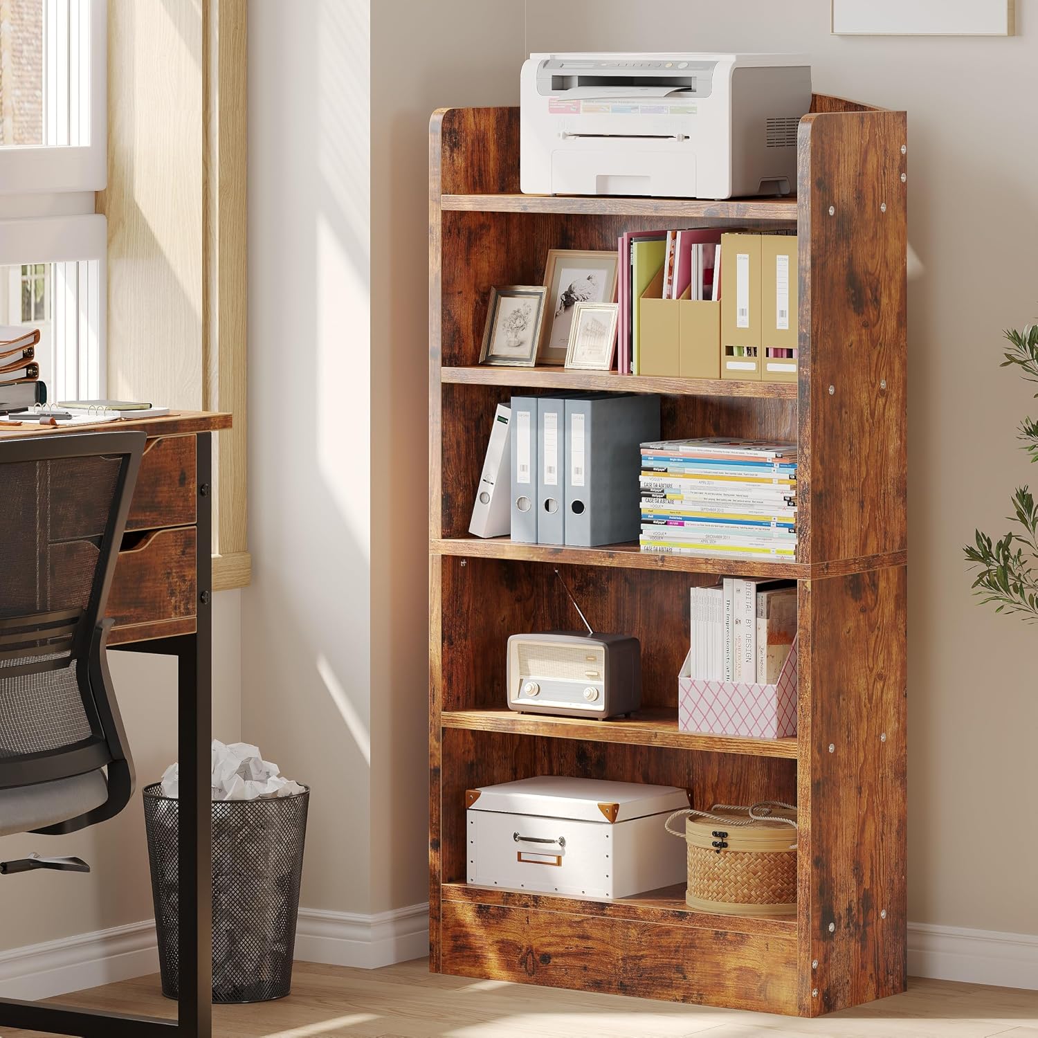 Rustic Brown 5-Tier Wood Bookshelf - Hình 2