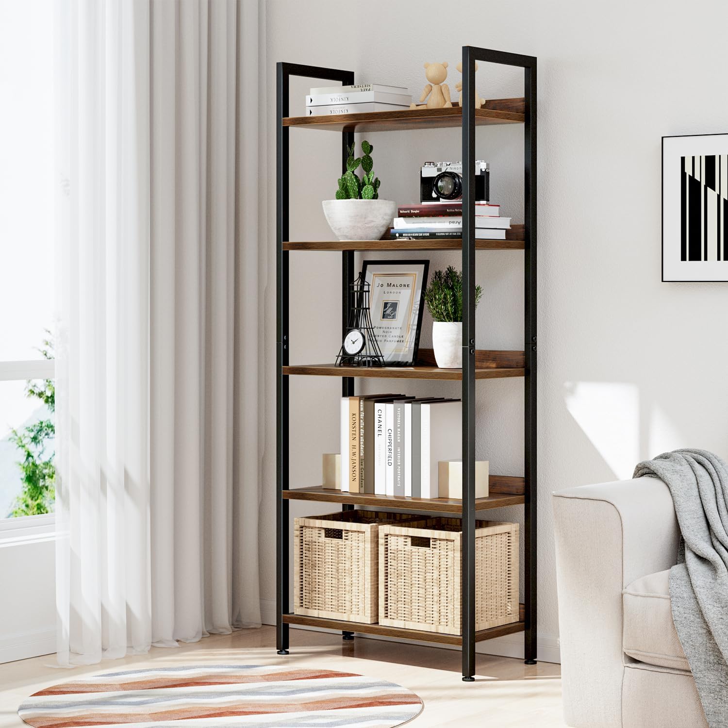 Rustic Brown 5-Tier Bookshelf - Hình 2