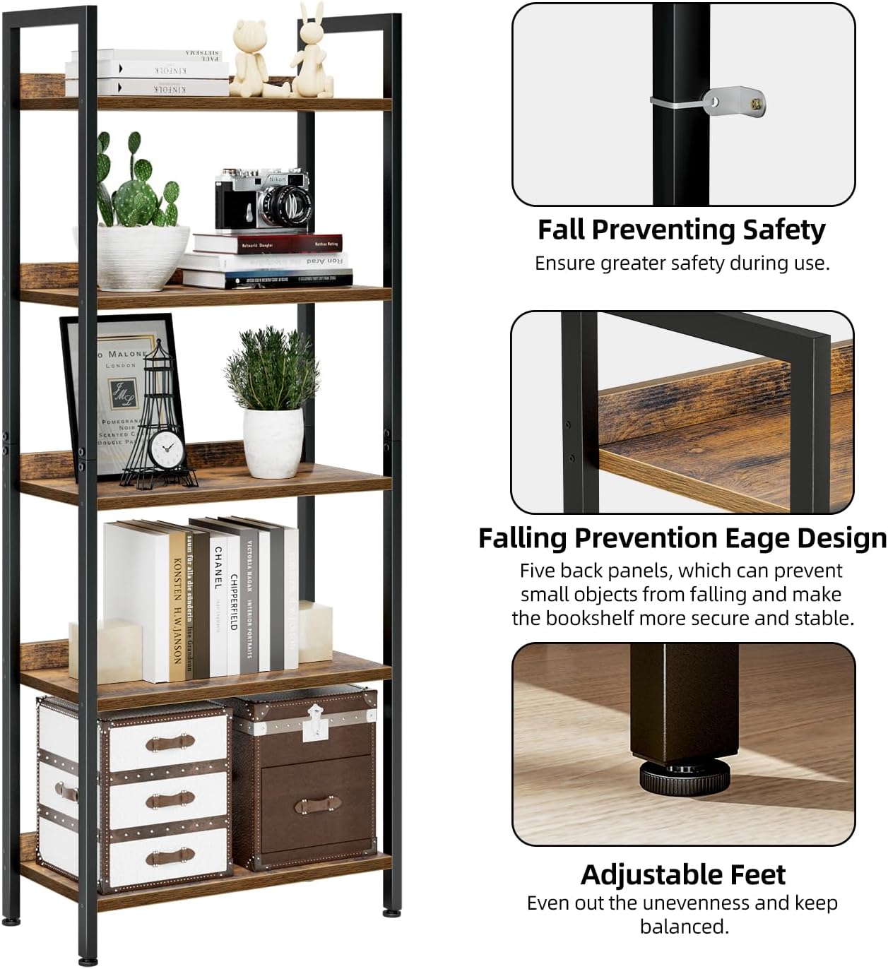 Rustic Brown 5-Tier Bookshelf - Hình 6