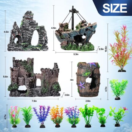 Premium Resin Aquarium Decor Set – Castle, Shipwreck, Barrel & Plants — view 2