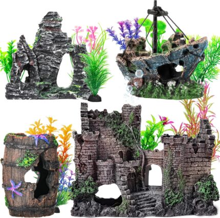 Premium Resin Aquarium Decor Set – Castle, Shipwreck, Barrel & Plants