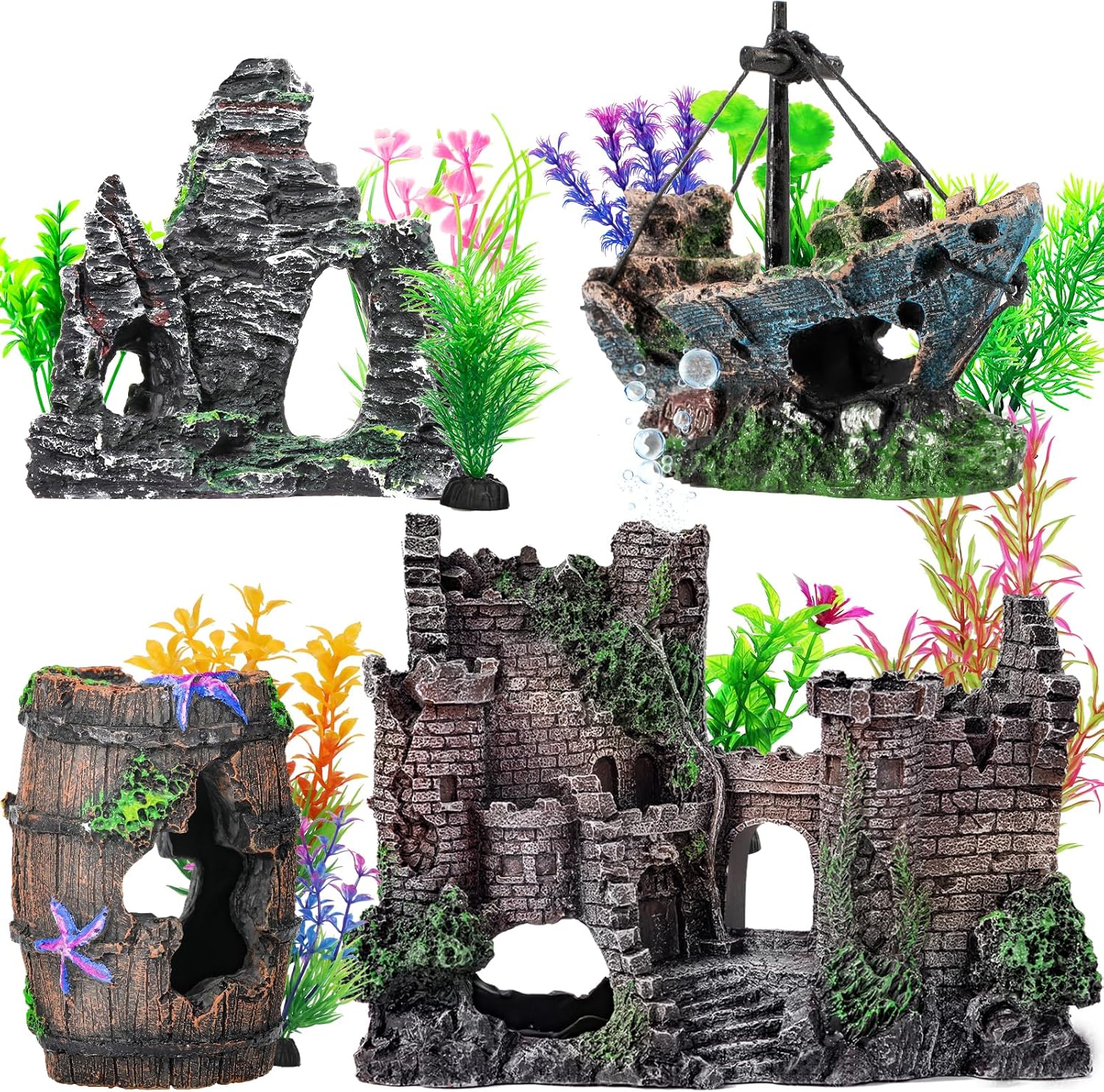 Premium Resin Aquarium Decor Set – Castle, Shipwreck, Barrel & Plants Premium Resin Aquarium Decor Set – Castle, Shipwreck, Barrel & Plants