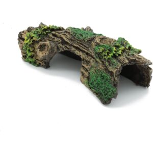 Mossy Forest Log Aquarium Hideaway with Greenery Accents