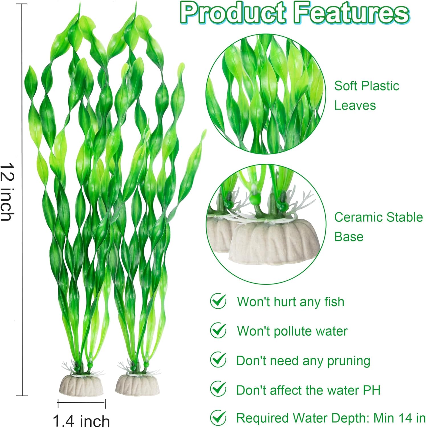 Vibrant Green Plastic Aquarium Plants with Ceramic Base — view 2