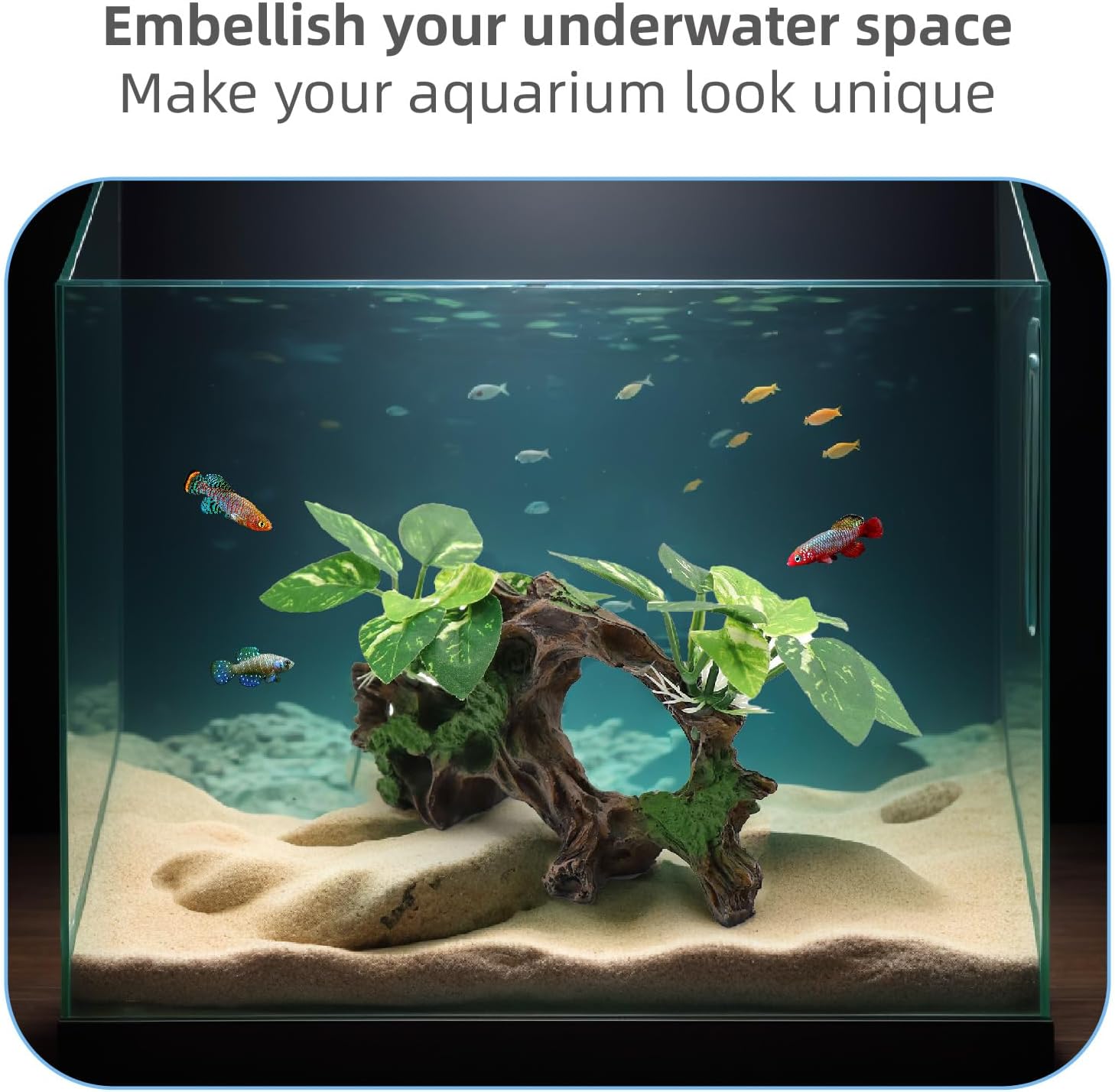 Exotic Tree Trunk Aquarium Decor with Vibrant Green Foliage — view 6