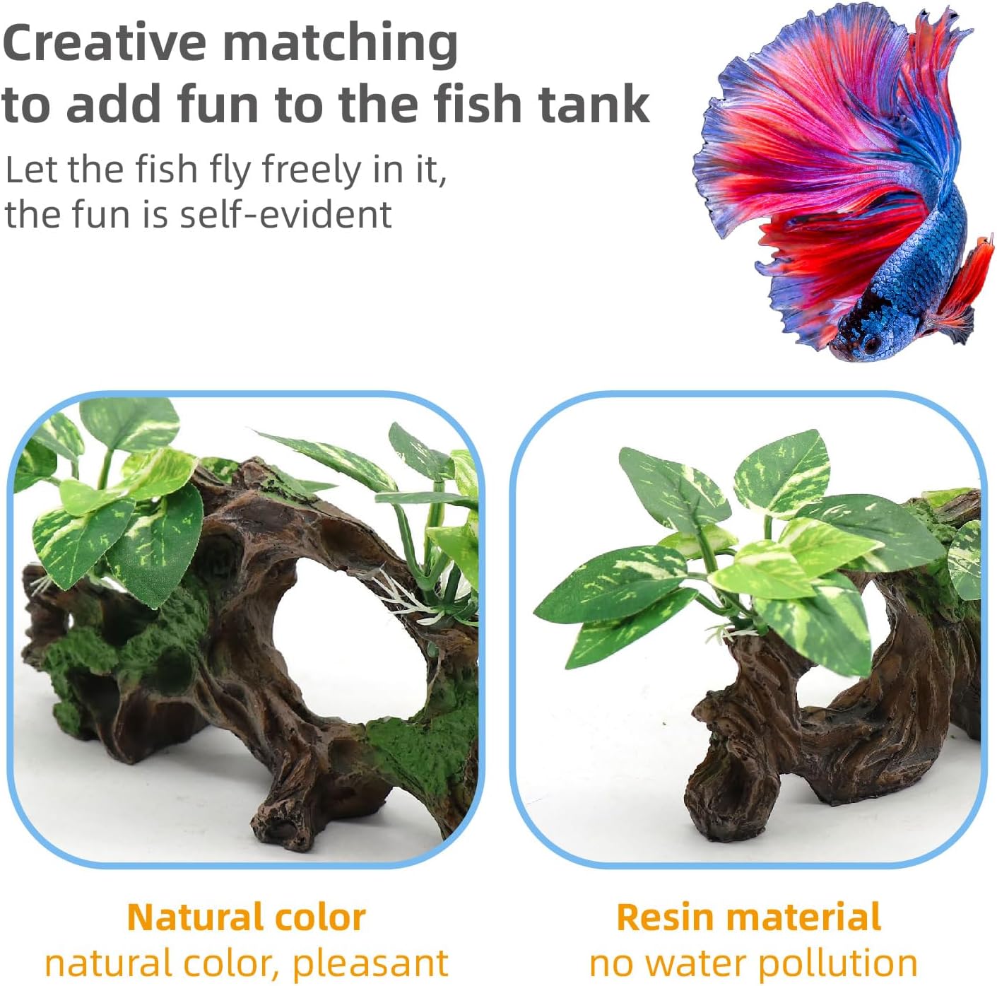 Exotic Tree Trunk Aquarium Decor with Vibrant Green Foliage — view 4