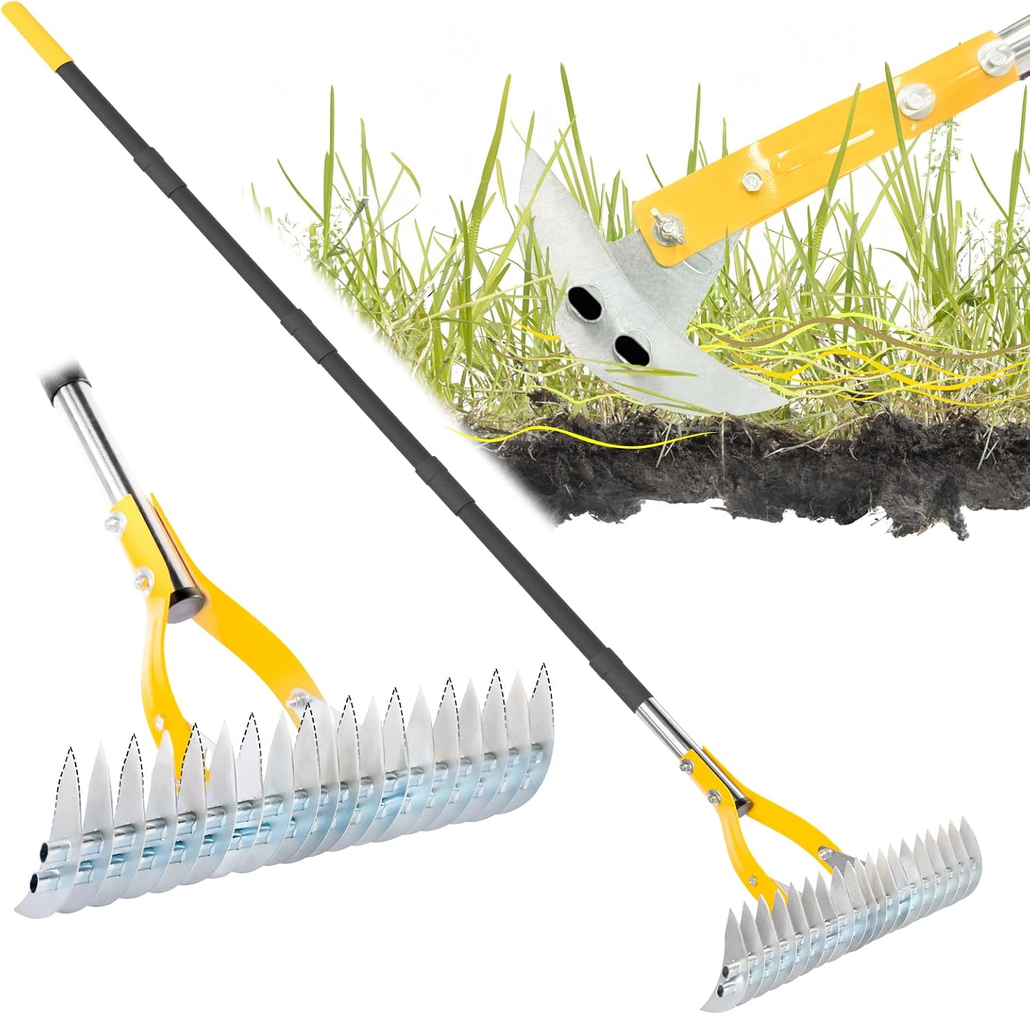 Adjustable Lawn Thatching Rake - 74-Inch Extendable Handle