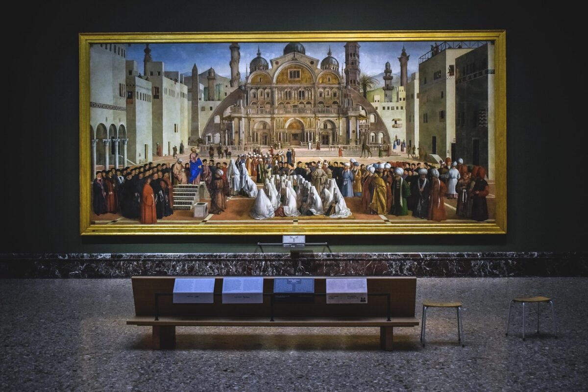 Gallery interior with framed paintings