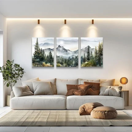 Misty Mountain Forest Canvas Art - 3 Panel Serene Landscape Print - Image 2