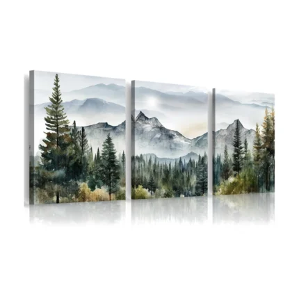 Misty Mountain Forest Canvas Art - 3 Panel Serene Landscape Print