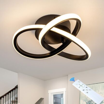 Modern Black LED Ceiling Light with Intertwined Rings & Remote