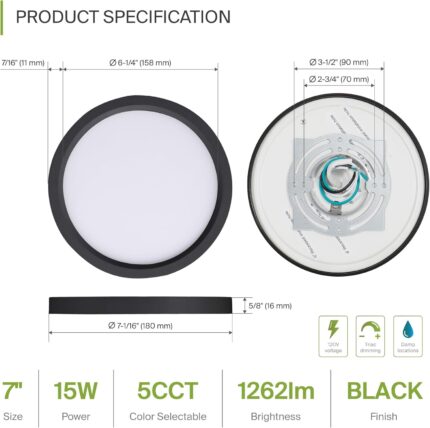Sleek Black LED Flush Mount Ceiling Light with 5CCT, Dimmable 7-inch — view 2