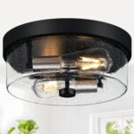 Industrial Matte Black Seeded Glass Flush Mount Ceiling Light — view 14