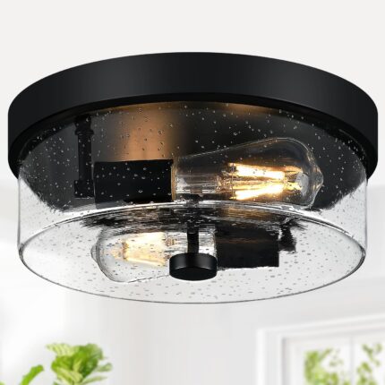 Industrial Matte Black Seeded Glass Flush Mount Ceiling Light