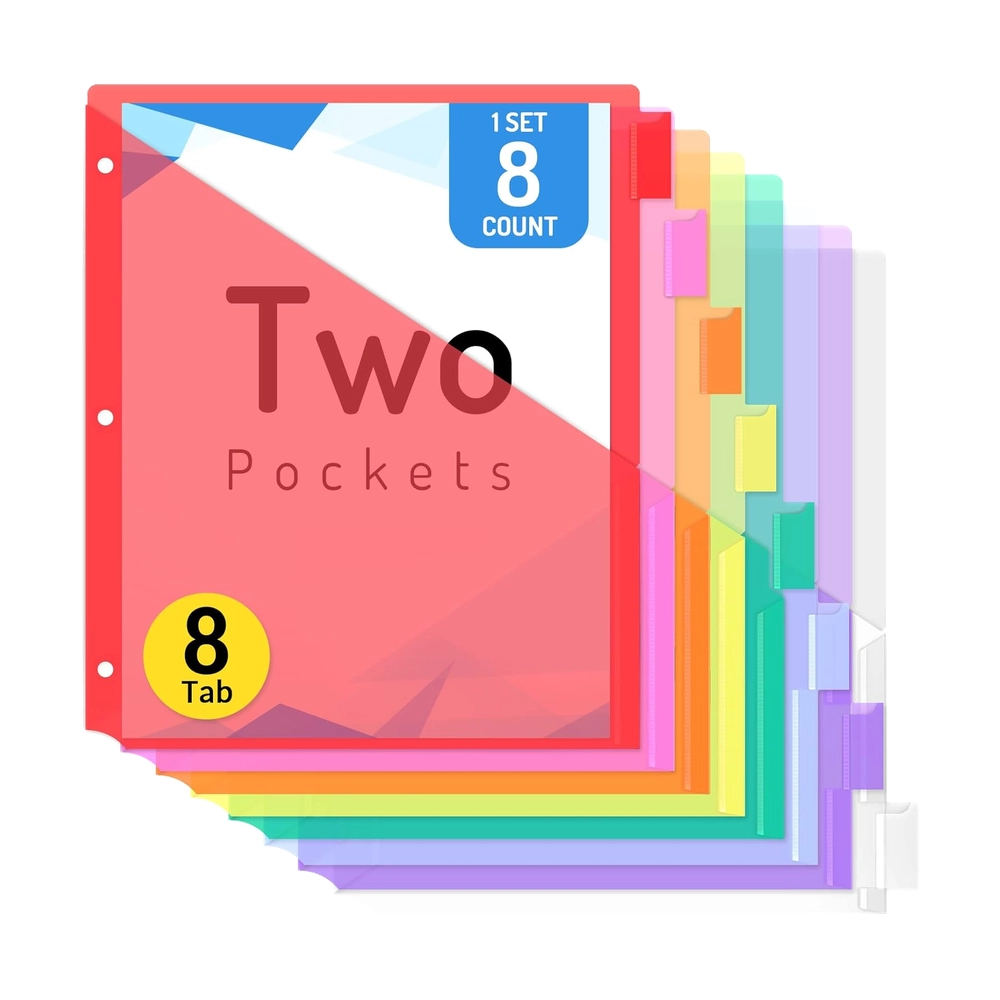 Colorful 8-Tab 2-Pocket Plastic Dividers for 3-Ring Binders