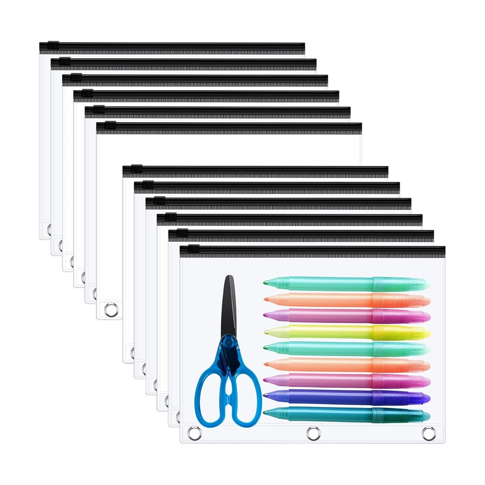 Transparent 3-Ring Binder Zipper Pouches – 10-Pack, Letter Size