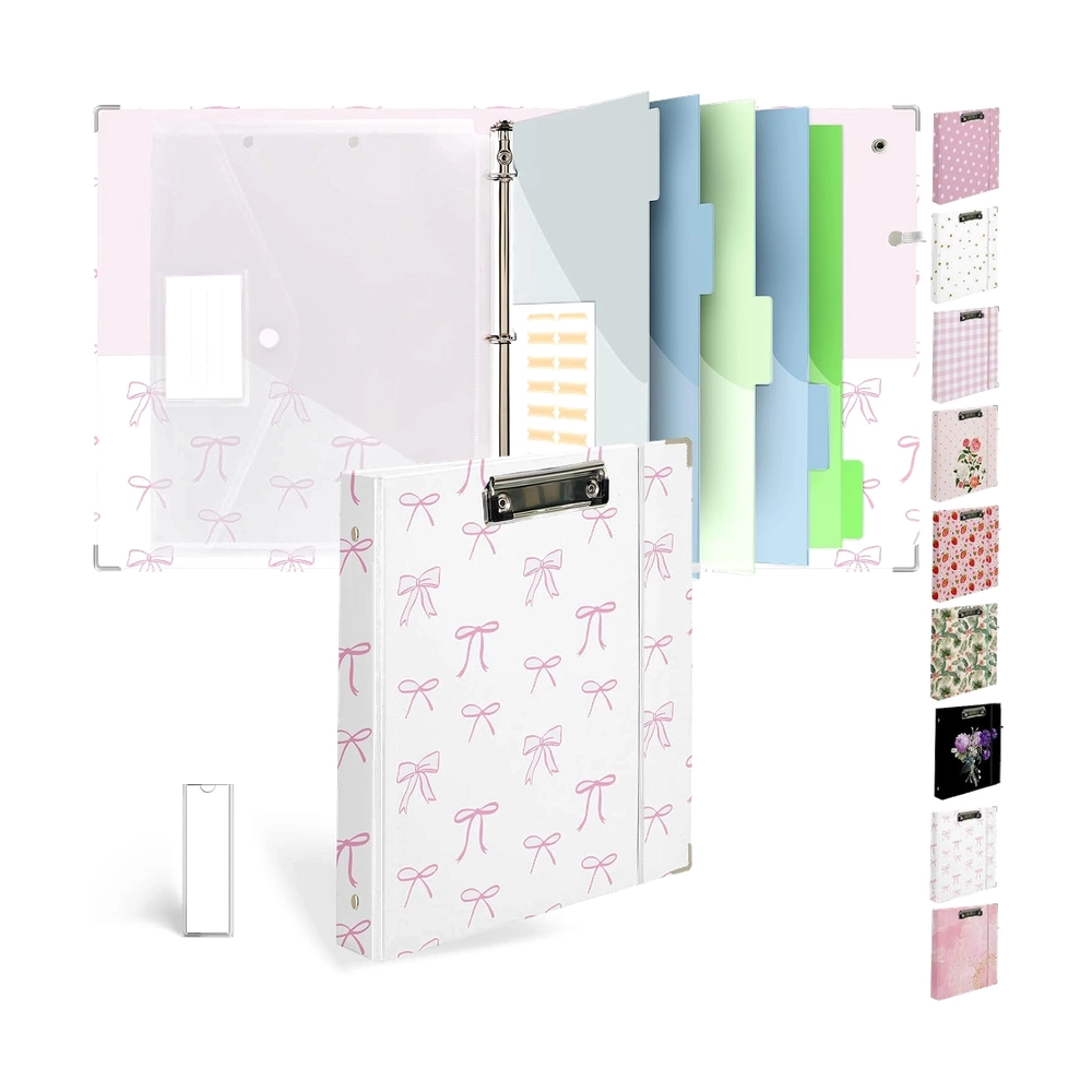 Pink Bow Pattern 3-Ring Binder with Clipboard & Dividers