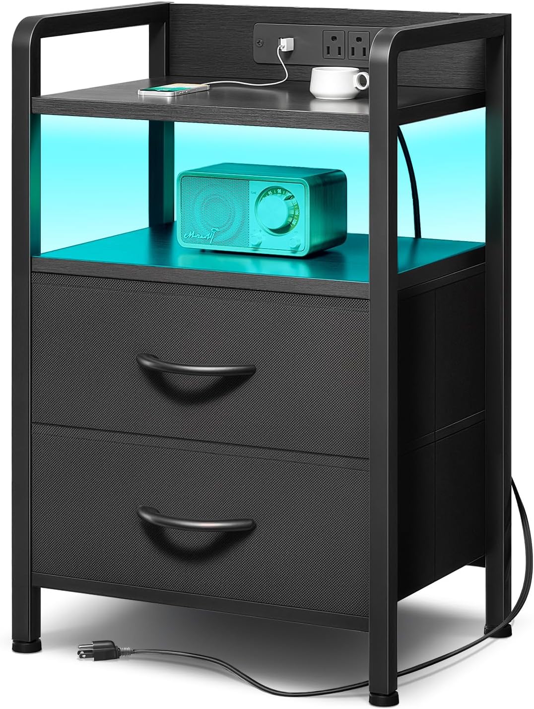 Black Nightstand with Fabric Drawers & Charging Station