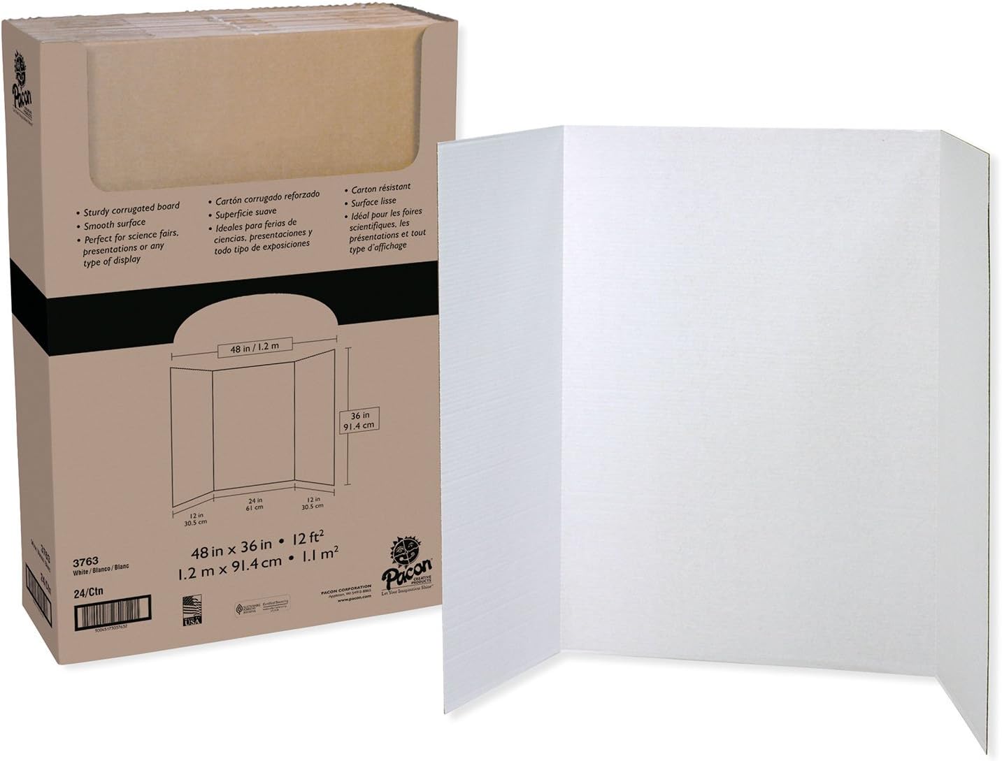 Pacon Large White Tri-Fold Display Board 48x36 - Bulk 24-Pack