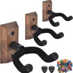 Walnut Wood Guitar Wall Hangers – 3-Pack with Picks & Holders