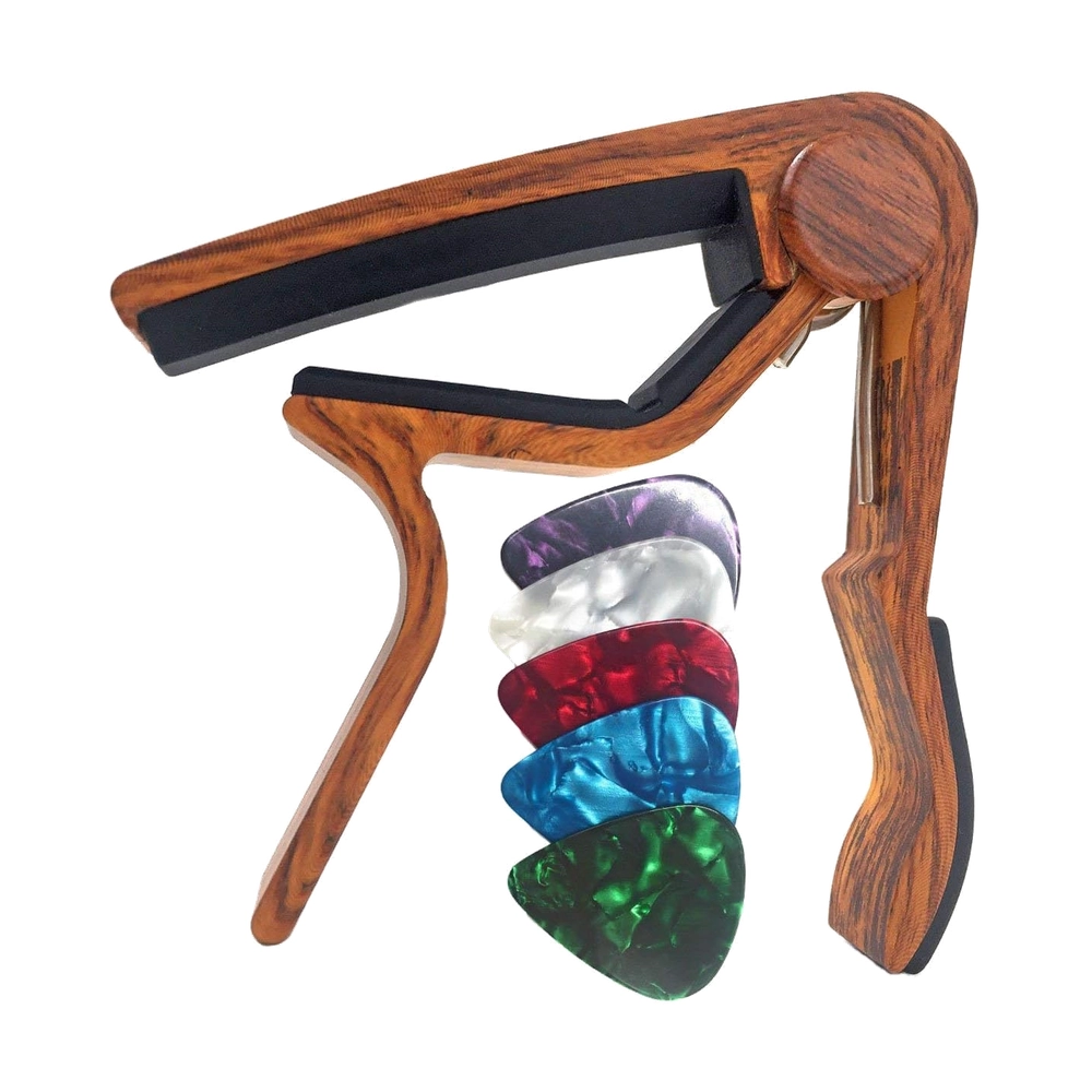 Wood Grain Guitar Capo with 5 Picks – Quick Change Acoustic