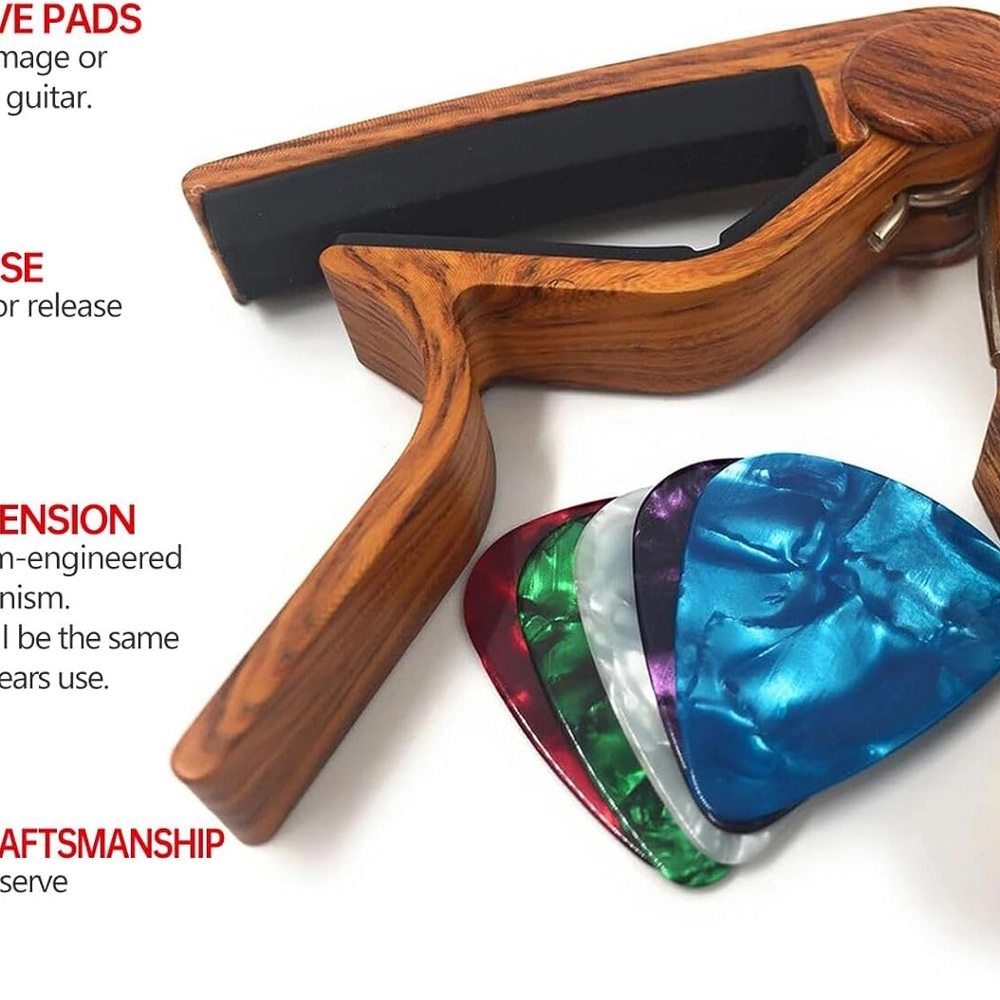 Wood Grain Guitar Capo with 5 Picks – Quick Change Acoustic — view 3