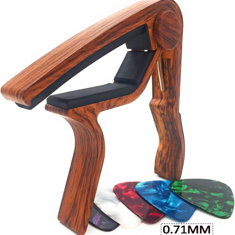 Wood Grain Guitar Capo with 5 Picks – Quick Change Acoustic — view 2