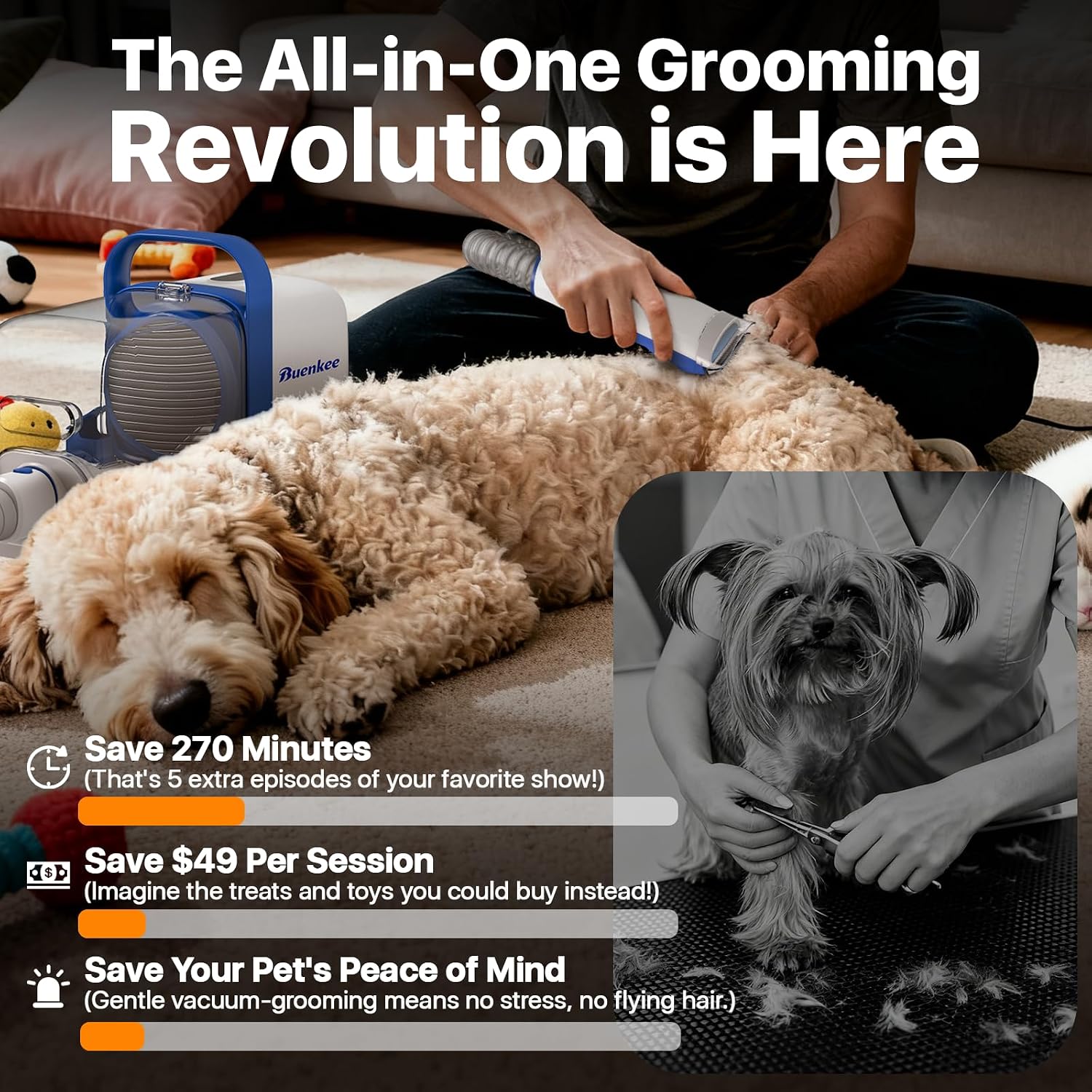Buenkee Dog Grooming Vacuum Kit, 15000Pa Clipper, Shedding Brush, 2L, White | Brush, trim and deshed at home with less flying fur, mess-control suction and fewer emptying breaks during longer sessions - Image 7