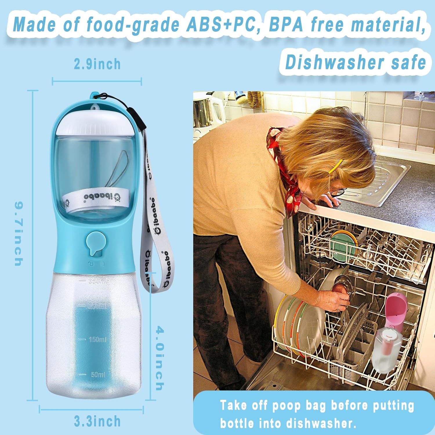 Cibaabo Dog Water Bottle with Food Container & Poop Bag Holder & Filter | Feeding & Hydration & Waste All in One | Travel Puppy Water Bowl | Portable Pet Dispenser | Dog Gifts | for Walking Beach - Image 6